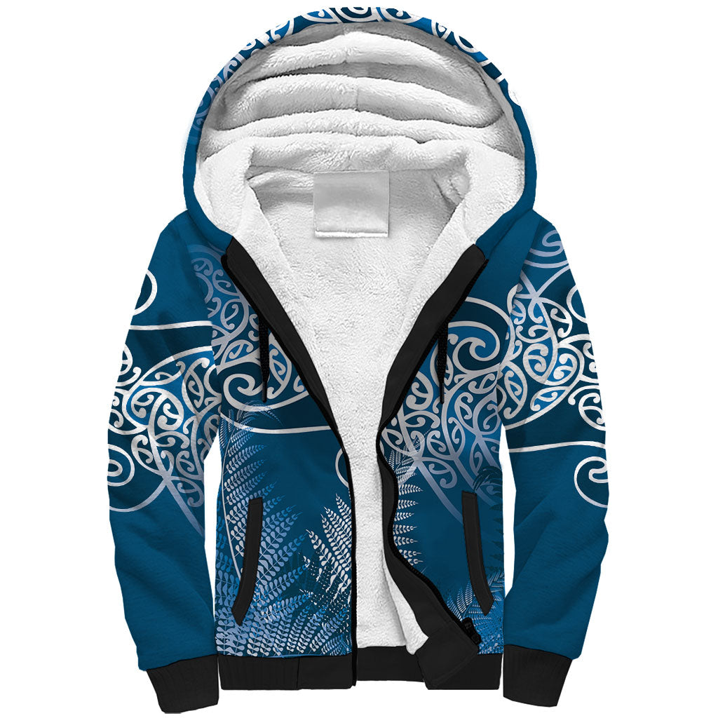 Aotearoa Maori Koru Curves Sherpa Hoodie Silver Ferns - Navy Blue LT7 Unisex Navy Blue - Polynesian Pride