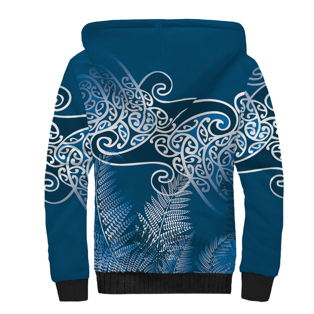 Aotearoa Maori Koru Curves Sherpa Hoodie Silver Ferns - Navy Blue LT7 - Polynesian Pride