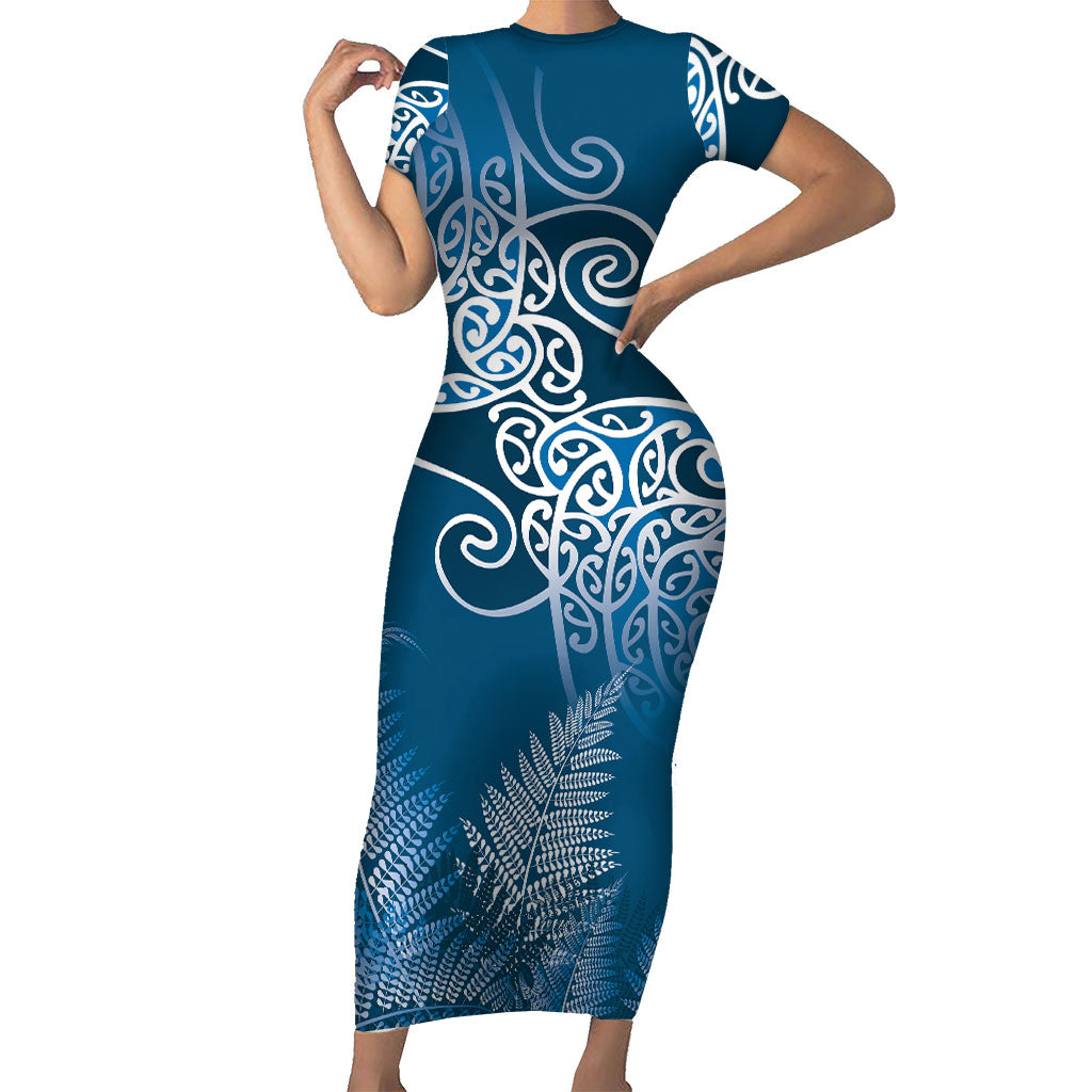 Aotearoa Maori Koru Curves Short Sleeve Bodycon Dress Silver Ferns - Navy Blue LT7 Long Dress Navy Blue - Polynesian Pride