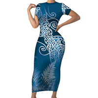 Aotearoa Maori Koru Curves Short Sleeve Bodycon Dress Silver Ferns - Navy Blue LT7 Long Dress Navy Blue - Polynesian Pride