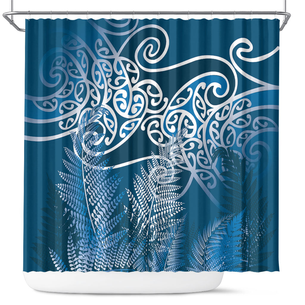 Aotearoa Maori Koru Curves Shower Curtain Silver Ferns - Navy Blue LT7 Navy Blue - Polynesian Pride