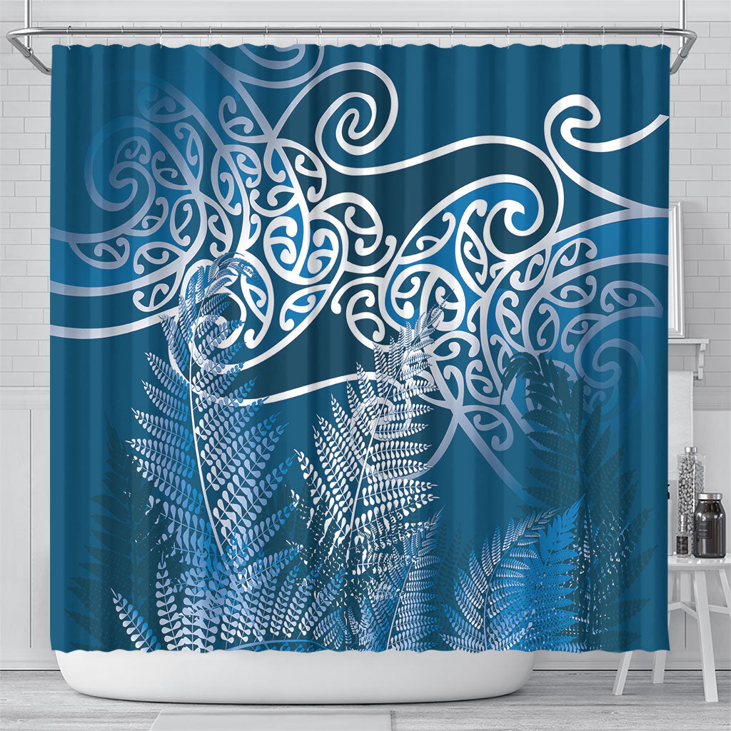 Aotearoa Maori Koru Curves Shower Curtain Silver Ferns - Navy Blue LT7 - Polynesian Pride