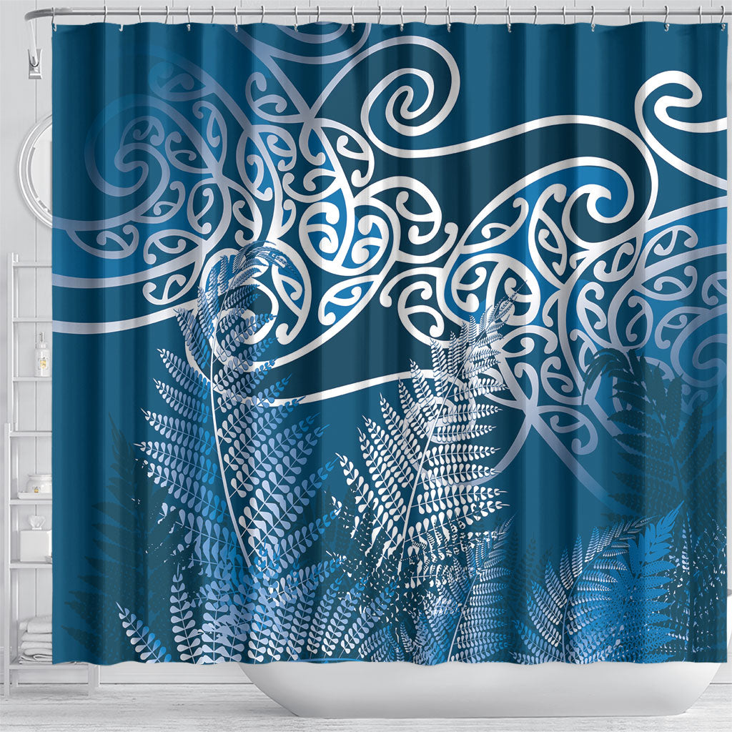 Aotearoa Maori Koru Curves Shower Curtain Silver Ferns - Navy Blue LT7 - Polynesian Pride
