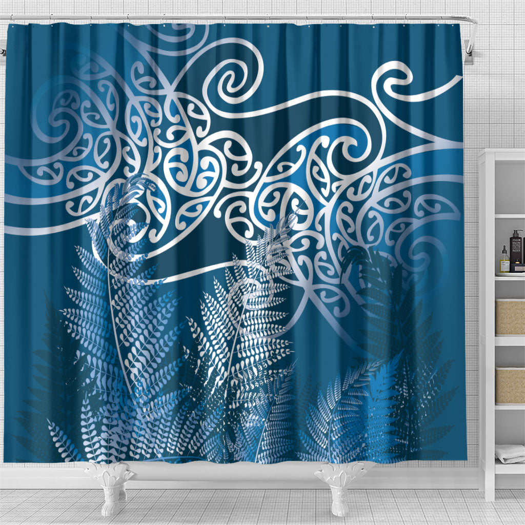 Aotearoa Maori Koru Curves Shower Curtain Silver Ferns - Navy Blue LT7 - Polynesian Pride