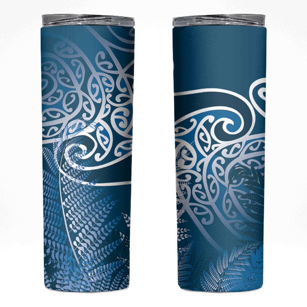 Aotearoa Maori Koru Curves Skinny Tumbler Silver Ferns - Navy Blue LT7 Navy Blue - Polynesian Pride