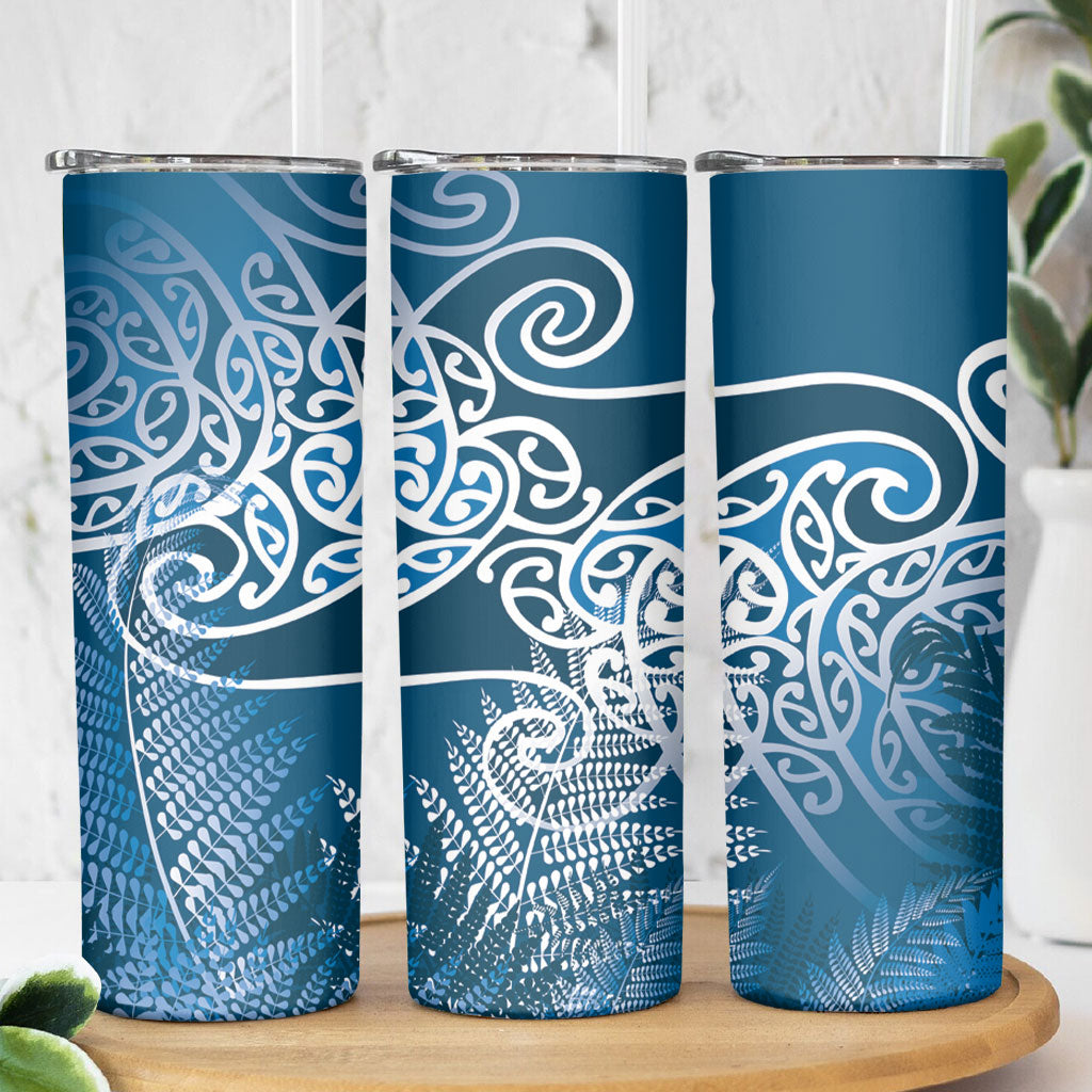 Aotearoa Maori Koru Curves Skinny Tumbler Silver Ferns - Navy Blue LT7 - Polynesian Pride