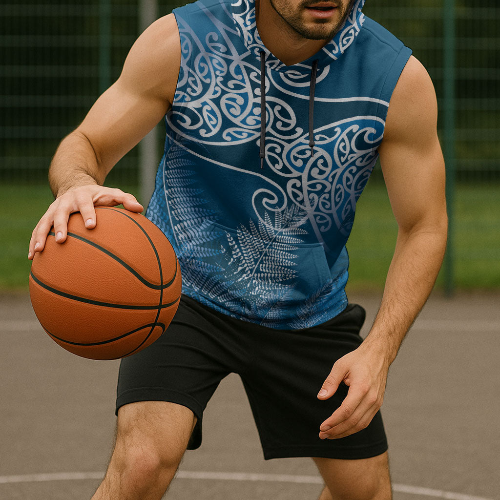 Aotearoa Maori Koru Curves Sleeveless Hoodie Silver Ferns - Navy Blue LT7 - Polynesian Pride