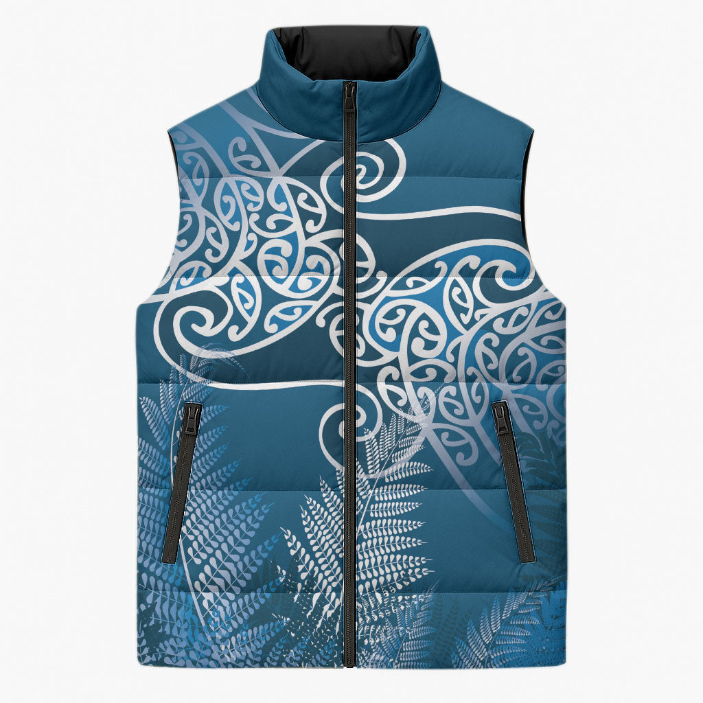 Aotearoa Maori Koru Curves Sleeveless Puffer Jacket Silver Ferns - Navy Blue LT7 Unisex Navy Blue - Polynesian Pride