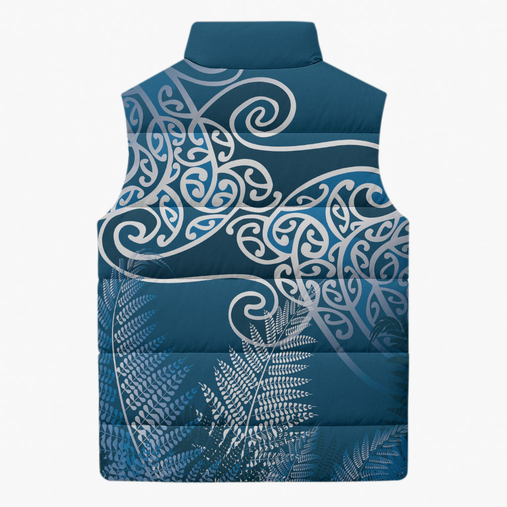 Aotearoa Maori Koru Curves Sleeveless Puffer Jacket Silver Ferns - Navy Blue LT7 - Polynesian Pride