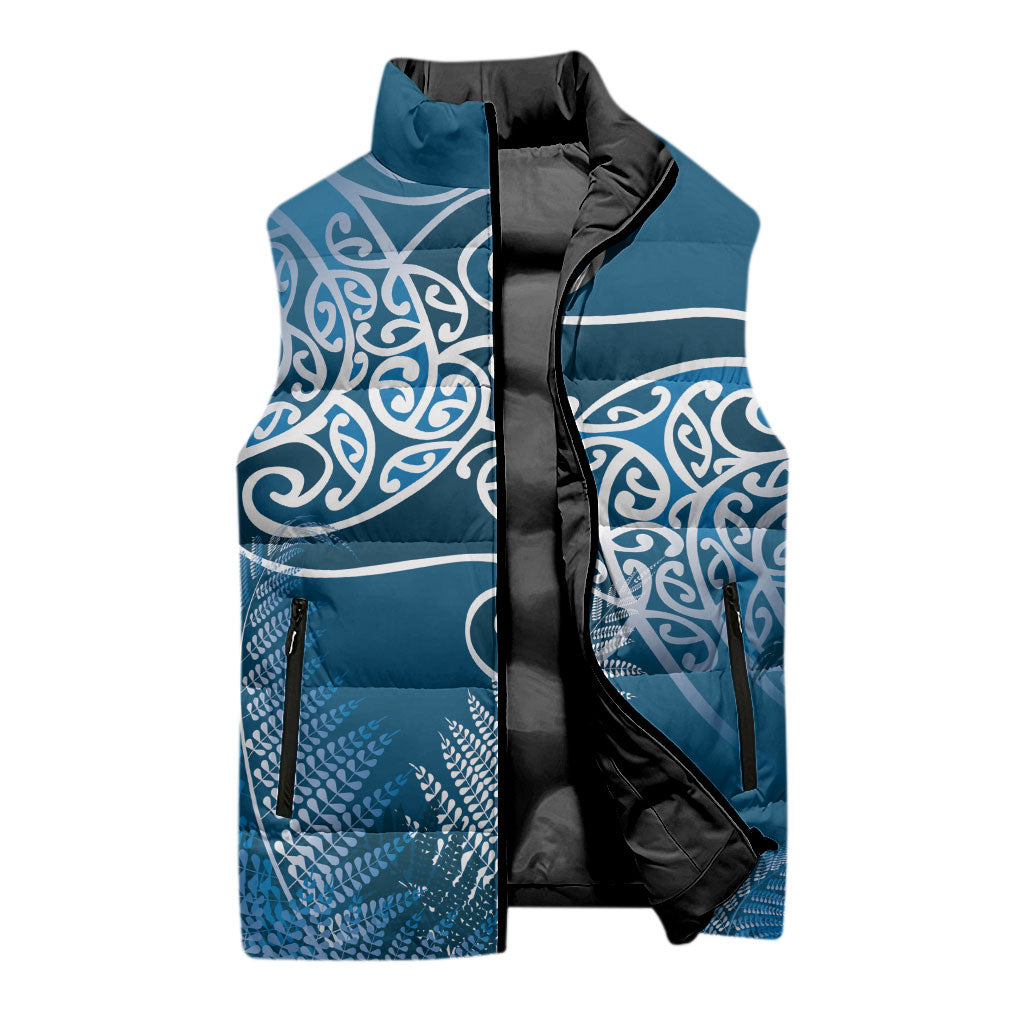Aotearoa Maori Koru Curves Sleeveless Puffer Jacket Silver Ferns - Navy Blue LT7 - Polynesian Pride