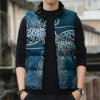 Aotearoa Maori Koru Curves Sleeveless Puffer Jacket Silver Ferns - Navy Blue LT7 - Polynesian Pride