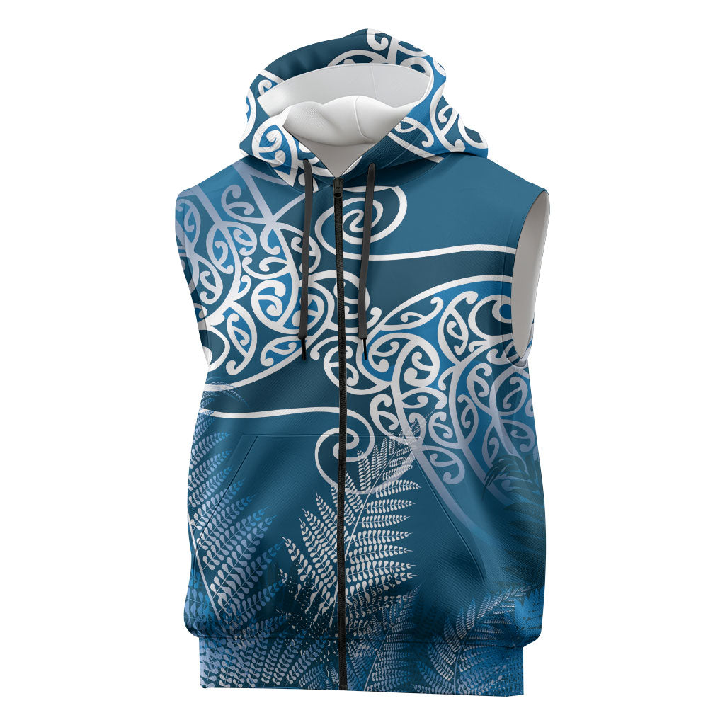 Aotearoa Maori Koru Curves Sleeveless Zip Hoodie Silver Ferns - Navy Blue LT7 Navy Blue - Polynesian Pride