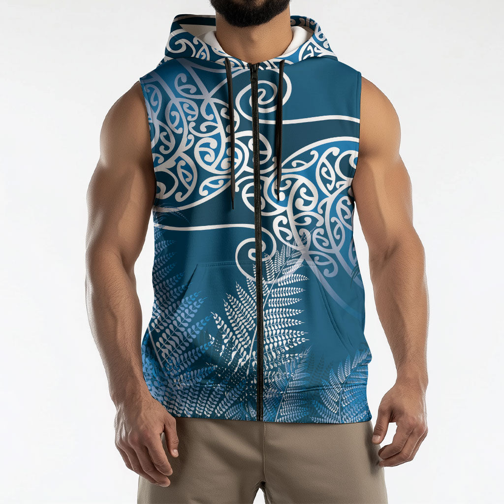 Aotearoa Maori Koru Curves Sleeveless Zip Hoodie Silver Ferns - Navy Blue LT7 - Polynesian Pride