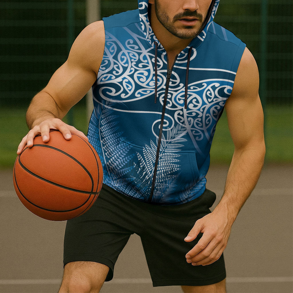 Aotearoa Maori Koru Curves Sleeveless Zip Hoodie Silver Ferns - Navy Blue LT7 - Polynesian Pride