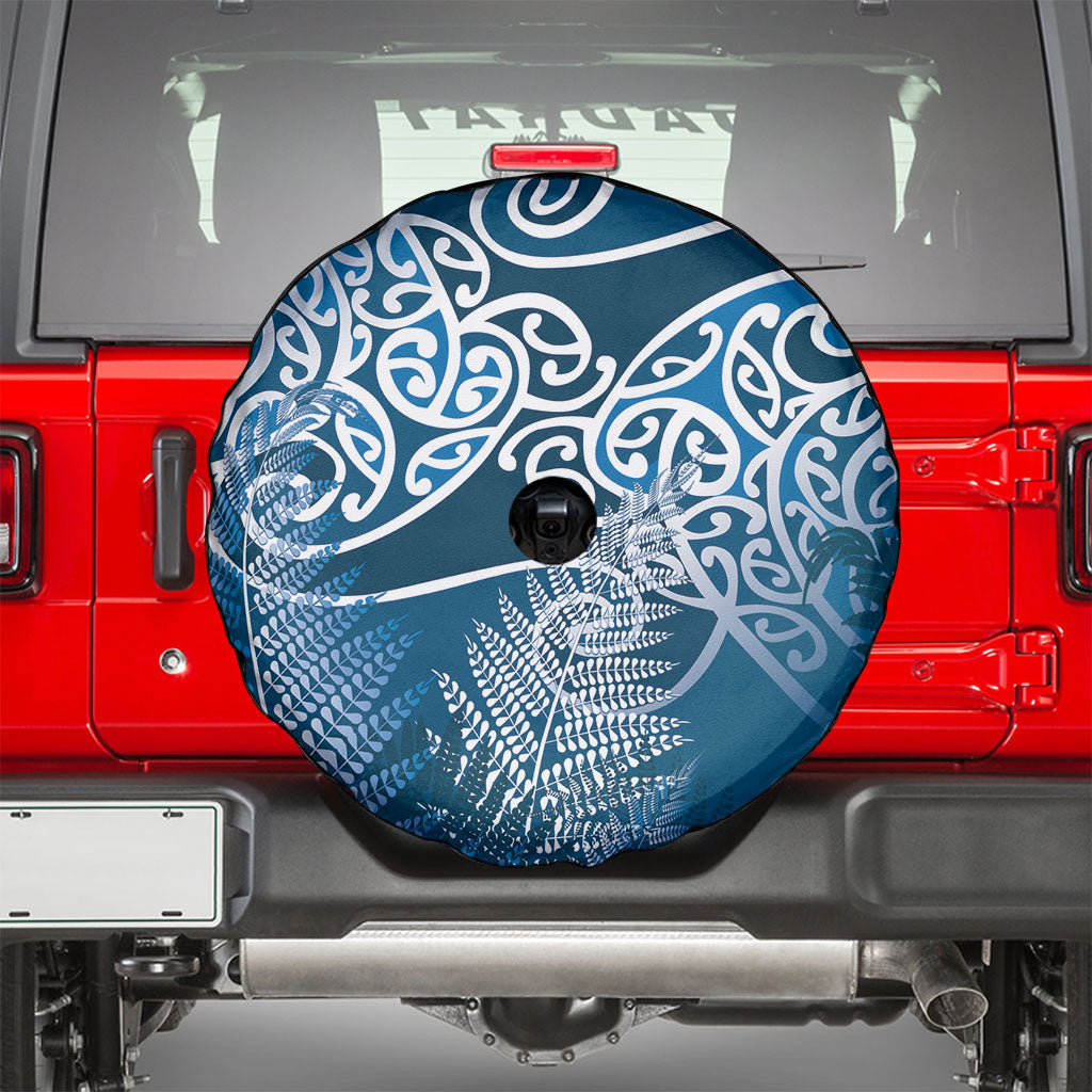 Aotearoa Maori Koru Curves Spare Tire Cover Silver Ferns - Navy Blue LT7 - Polynesian Pride