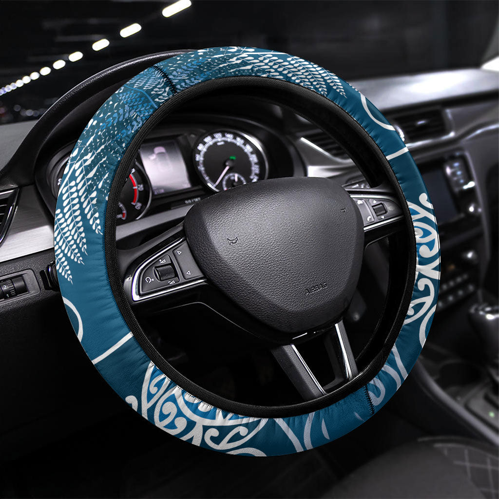 Aotearoa Maori Koru Curves Steering Wheel Cover Silver Ferns - Navy Blue LT7 Universal Fit Navy Blue - Polynesian Pride