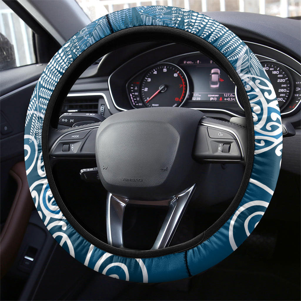 Aotearoa Maori Koru Curves Steering Wheel Cover Silver Ferns - Navy Blue LT7 - Polynesian Pride