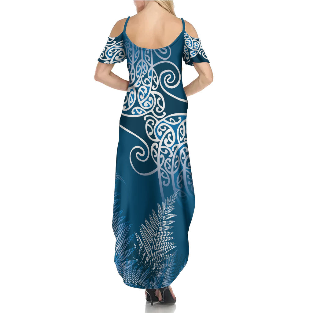 Aotearoa Maori Koru Curves Summer Maxi Dress Silver Ferns - Navy Blue LT7 - Polynesian Pride