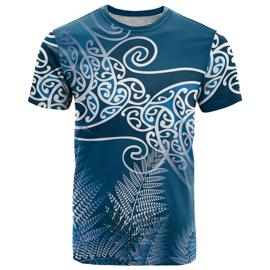 Aotearoa Maori Koru Curves T Shirt Silver Ferns - Navy Blue LT7 Navy Blue - Polynesian Pride