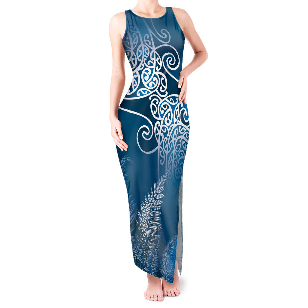 Aotearoa Maori Koru Curves Tank Maxi Dress Silver Ferns - Navy Blue LT7 Women Navy Blue - Polynesian Pride