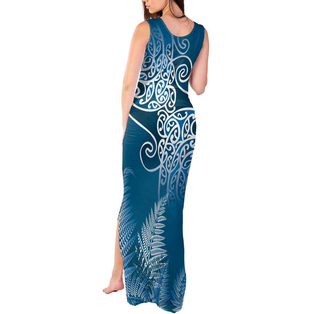 Aotearoa Maori Koru Curves Tank Maxi Dress Silver Ferns - Navy Blue LT7 - Polynesian Pride