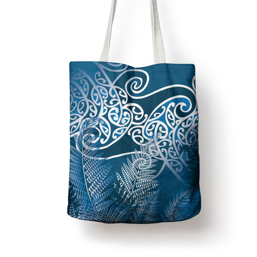 Aotearoa Maori Koru Curves Tote Bag Silver Ferns - Navy Blue LT7 - Polynesian Pride
