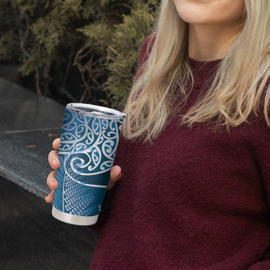 Aotearoa Maori Koru Curves Tumbler Cup Silver Ferns - Navy Blue