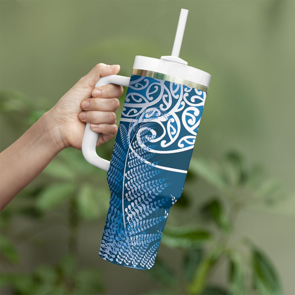 Aotearoa Maori Koru Curves Tumbler With Handle Silver Ferns - Navy Blue LT7 - Polynesian Pride