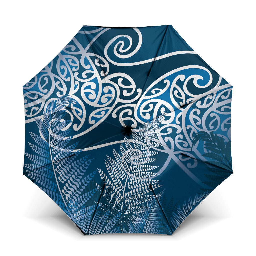 Aotearoa Maori Koru Curves Umbrella Silver Ferns - Navy Blue LT7 One Size Folded 11.42 inch Opened Diameter 37.4 inch Navy Blue - Polynesian Pride