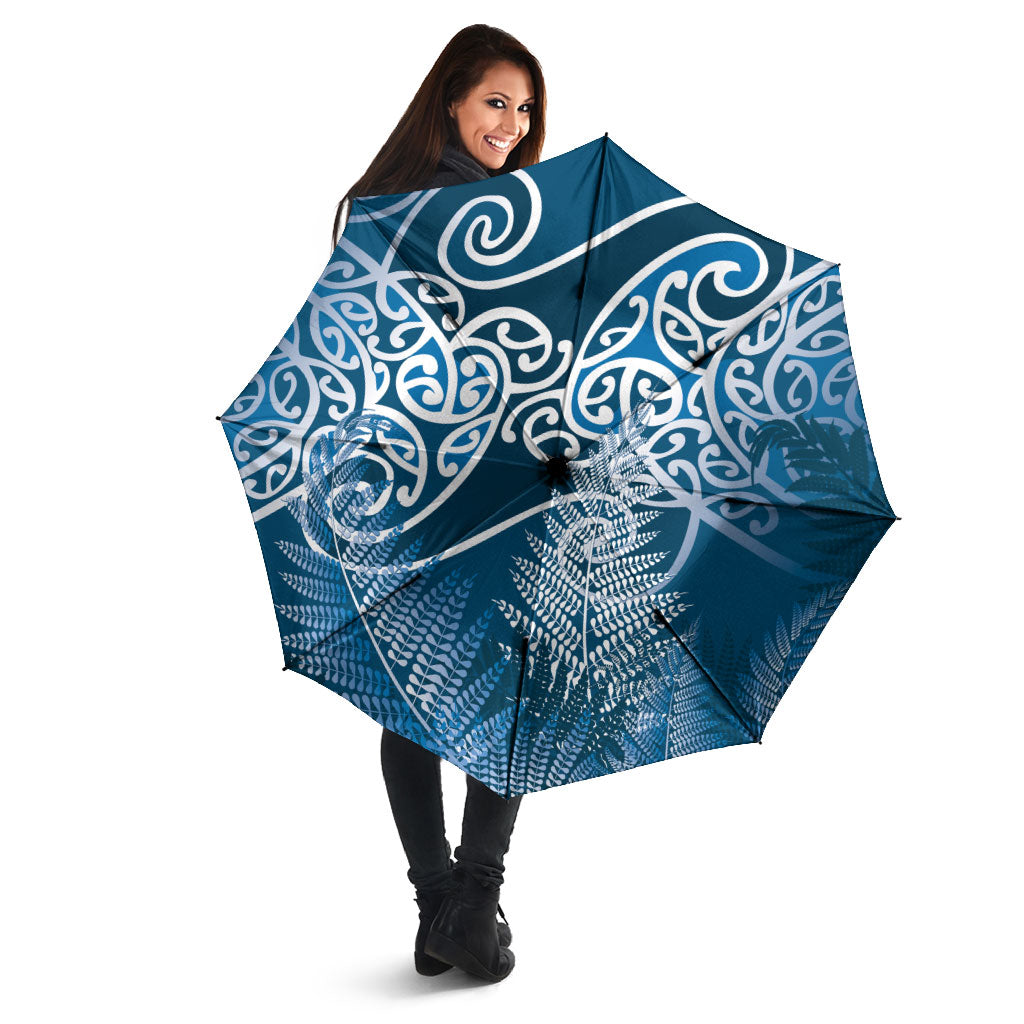 Aotearoa Maori Koru Curves Umbrella Silver Ferns - Navy Blue LT7 - Polynesian Pride