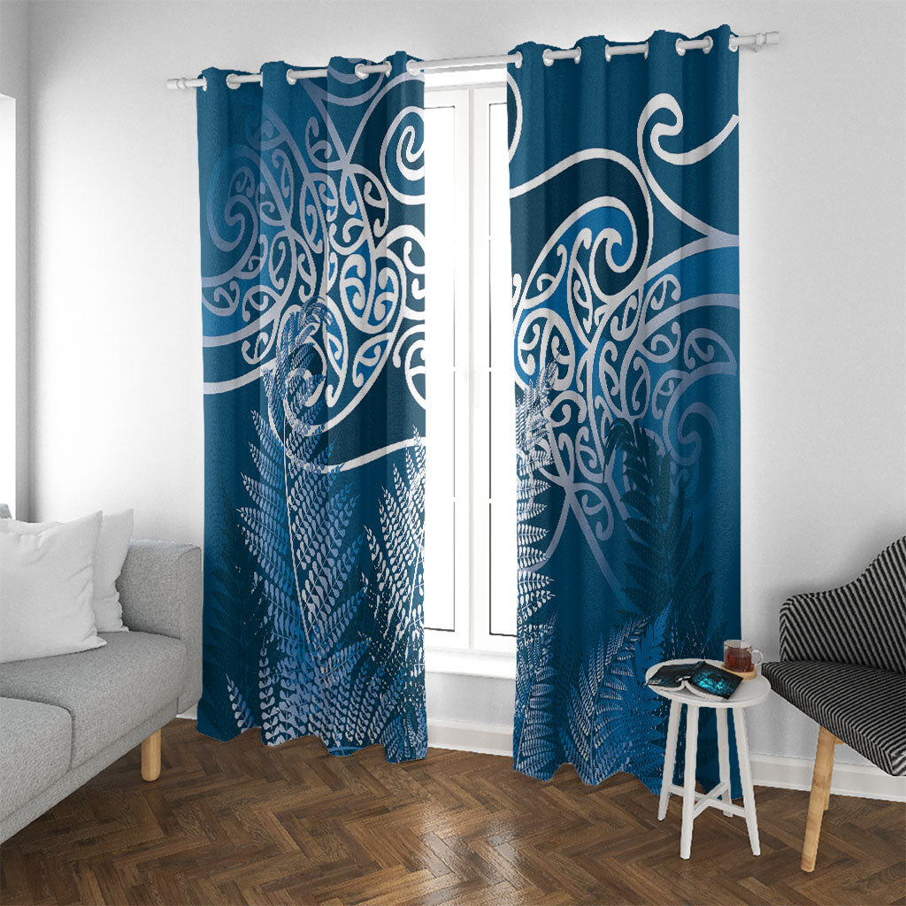 Aotearoa Maori Koru Curves Window Curtain Silver Ferns - Navy Blue