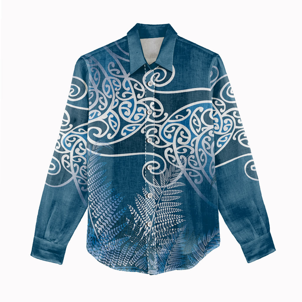 Aotearoa Maori Koru Curves Women Casual Shirt Silver Ferns - Navy Blue LT7 - Polynesian Pride