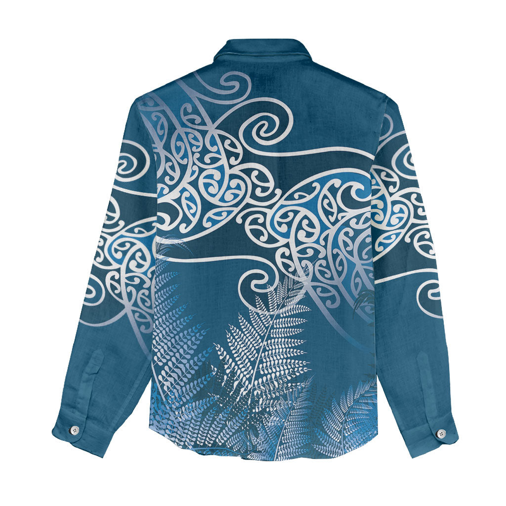 Aotearoa Maori Koru Curves Women Casual Shirt Silver Ferns - Navy Blue LT7 - Polynesian Pride