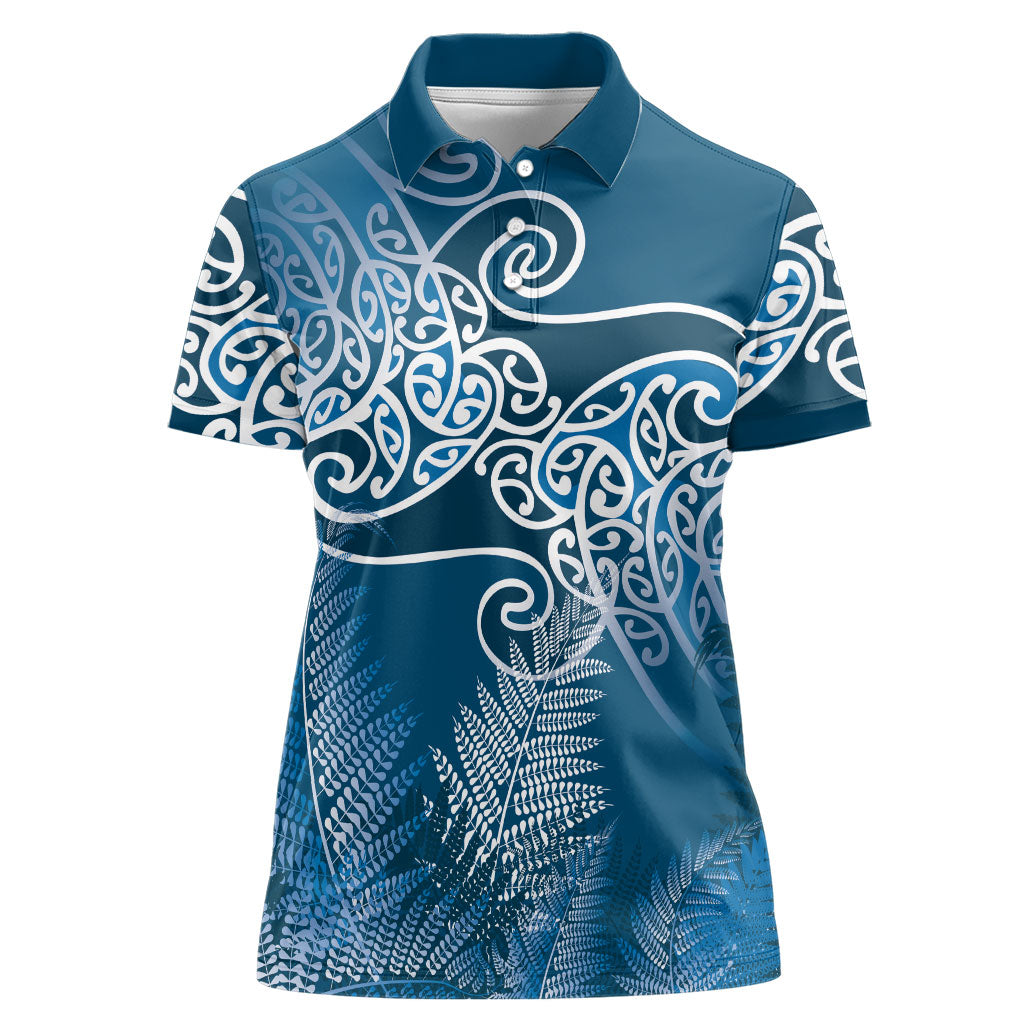 Aotearoa Maori Koru Curves Women Polo Shirt Silver Ferns - Navy Blue LT7 Female Navy Blue - Polynesian Pride