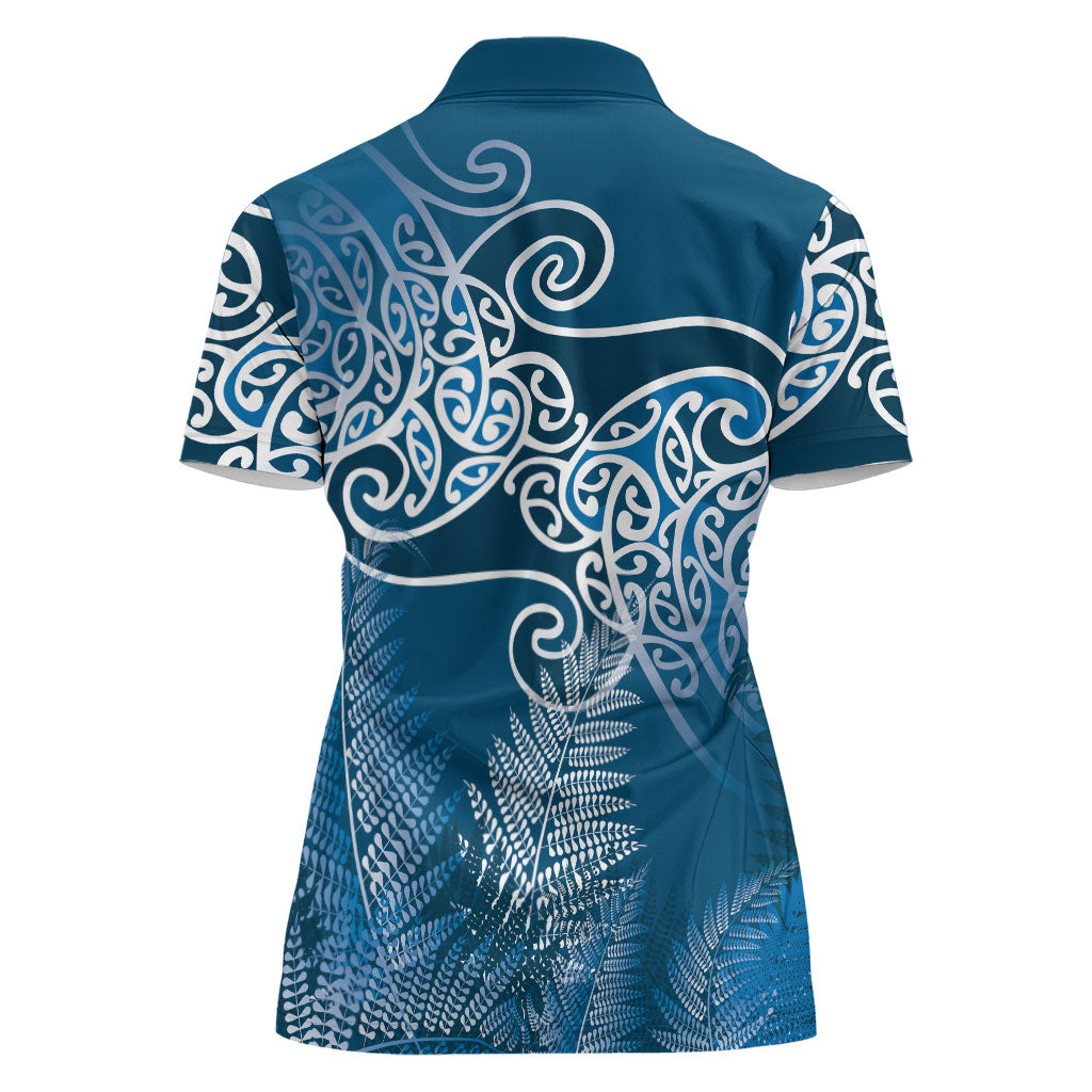Aotearoa Maori Koru Curves Women Polo Shirt Silver Ferns - Navy Blue LT7 - Polynesian Pride