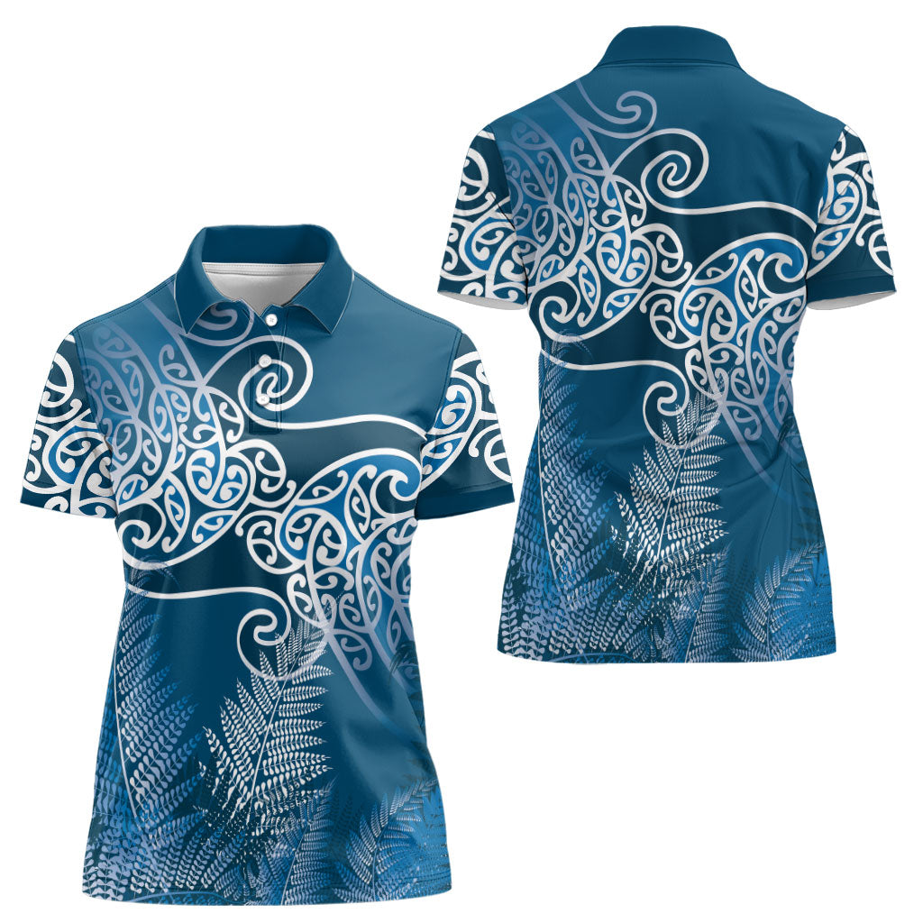 Aotearoa Maori Koru Curves Women Polo Shirt Silver Ferns - Navy Blue LT7 - Polynesian Pride
