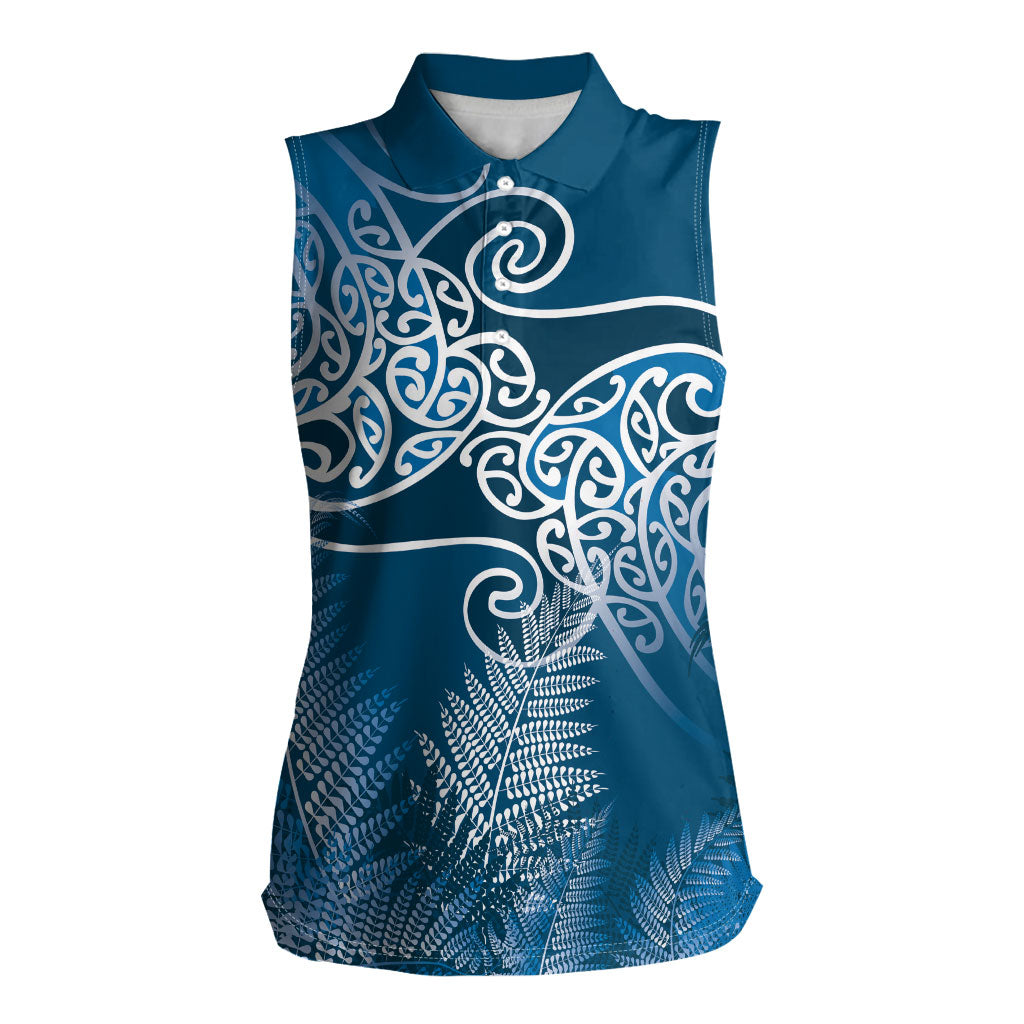 Aotearoa Maori Koru Curves Women Sleeveless Polo Shirt Silver Ferns - Navy Blue LT7 Female Navy Blue - Polynesian Pride