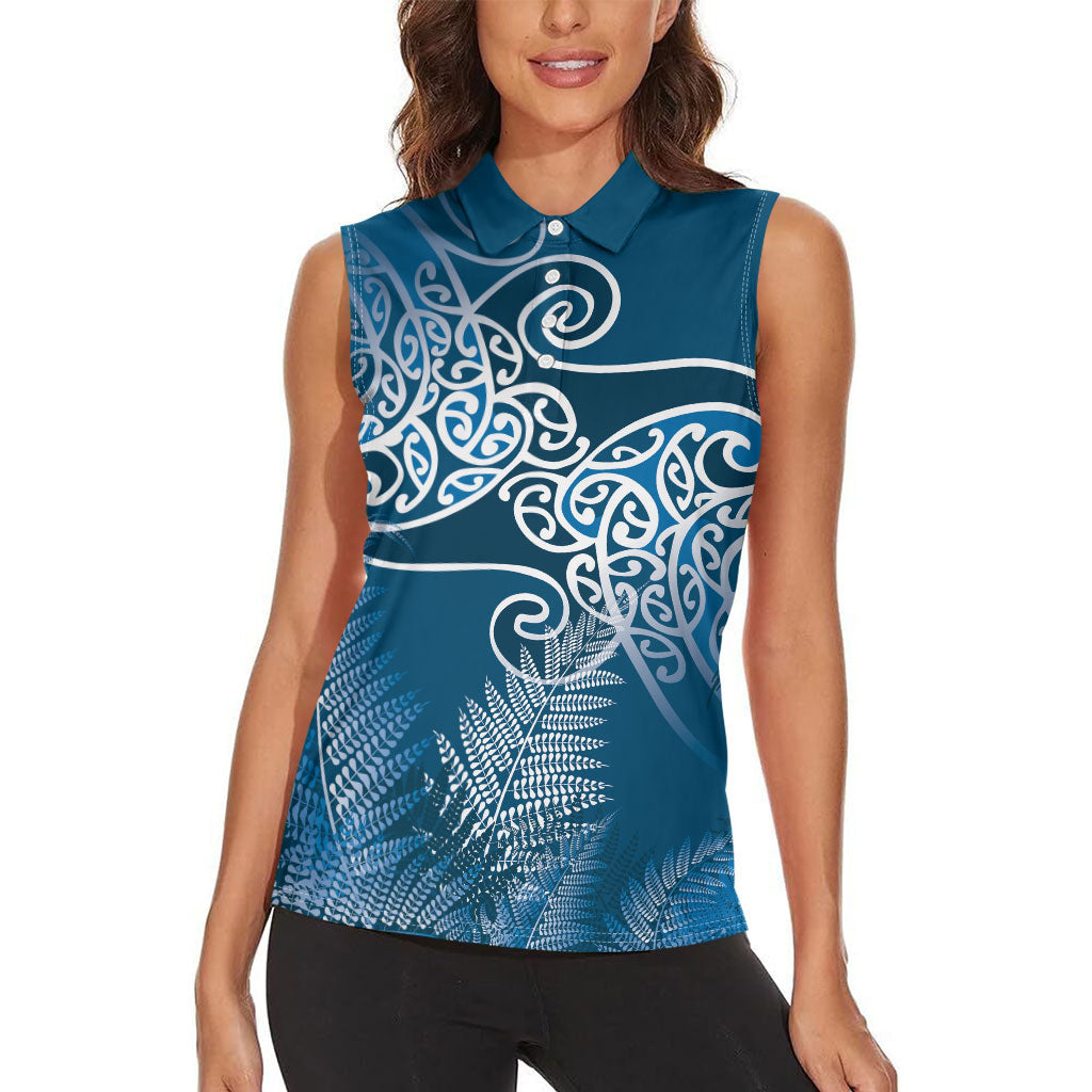 Aotearoa Maori Koru Curves Women Sleeveless Polo Shirt Silver Ferns - Navy Blue LT7 - Polynesian Pride