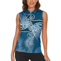 Aotearoa Maori Koru Curves Women Sleeveless Polo Shirt Silver Ferns - Navy Blue LT7 - Polynesian Pride