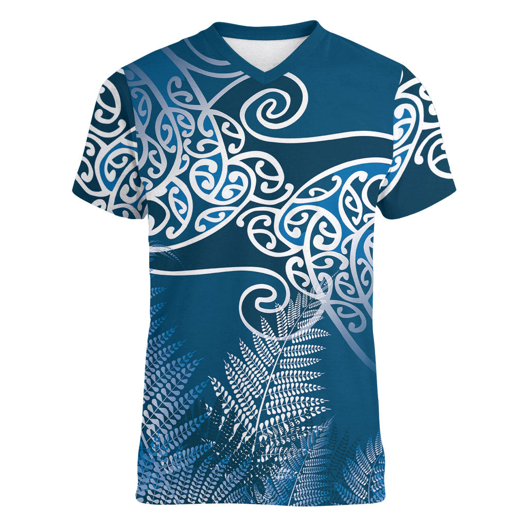 Aotearoa Maori Koru Curves Women V-Neck T-Shirt Silver Ferns - Navy Blue