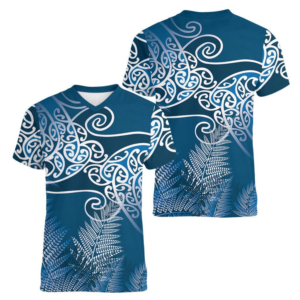 Aotearoa Maori Koru Curves Women V-Neck T-Shirt Silver Ferns - Navy Blue