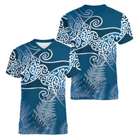 Aotearoa Maori Koru Curves Women V-Neck T-Shirt Silver Ferns - Navy Blue