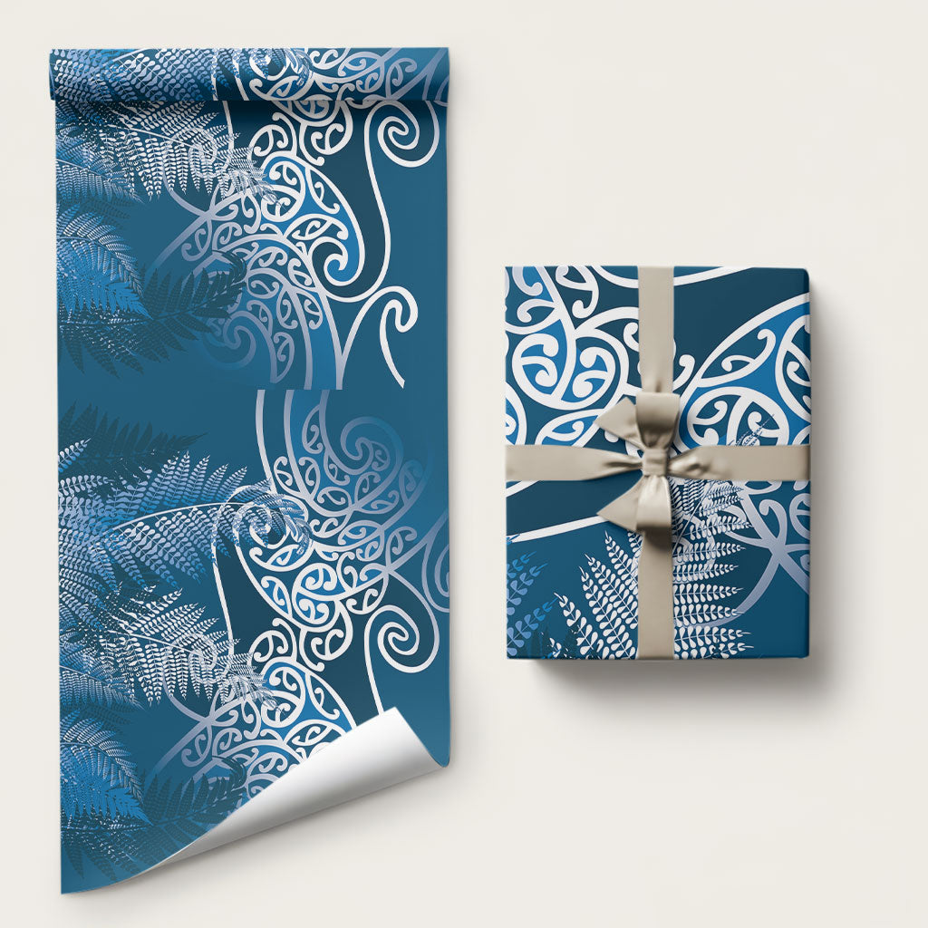 Aotearoa Maori Koru Curves Wrapping Paper Silver Ferns - Navy Blue LT7 58" × 23" Navy Blue - Polynesian Pride
