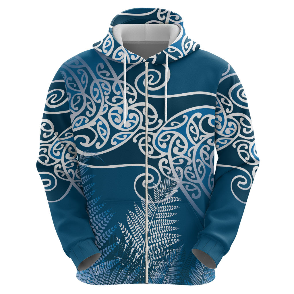 Aotearoa Maori Koru Curves Zip Hoodie Silver Ferns - Navy Blue LT7 - Polynesian Pride