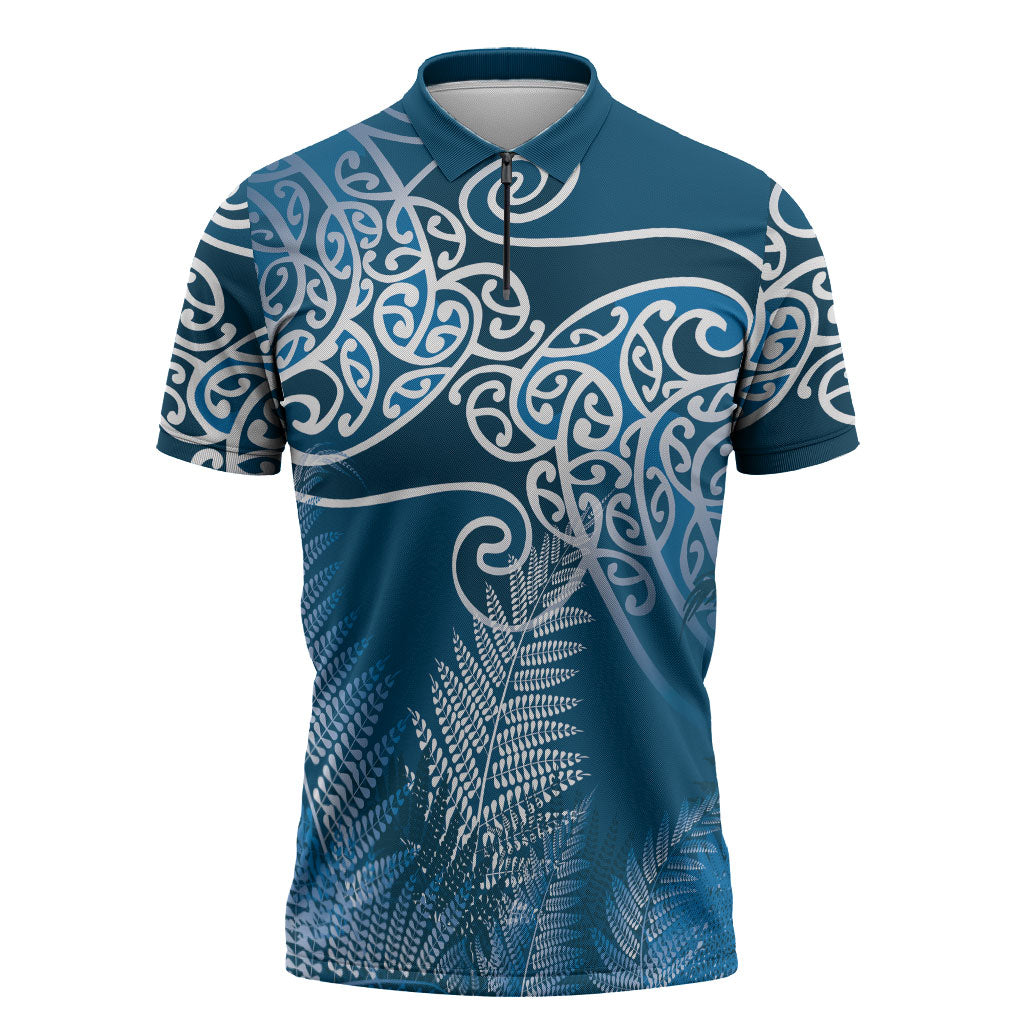 Aotearoa Maori Koru Curves Zipper Polo Shirt Silver Ferns - Navy Blue LT7 Navy Blue - Polynesian Pride