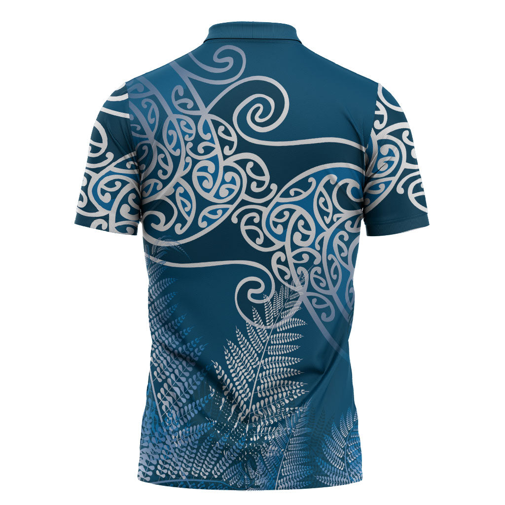 Aotearoa Maori Koru Curves Zipper Polo Shirt Silver Ferns - Navy Blue LT7 - Polynesian Pride