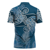 Aotearoa Maori Koru Curves Zipper Polo Shirt Silver Ferns - Navy Blue LT7 - Polynesian Pride