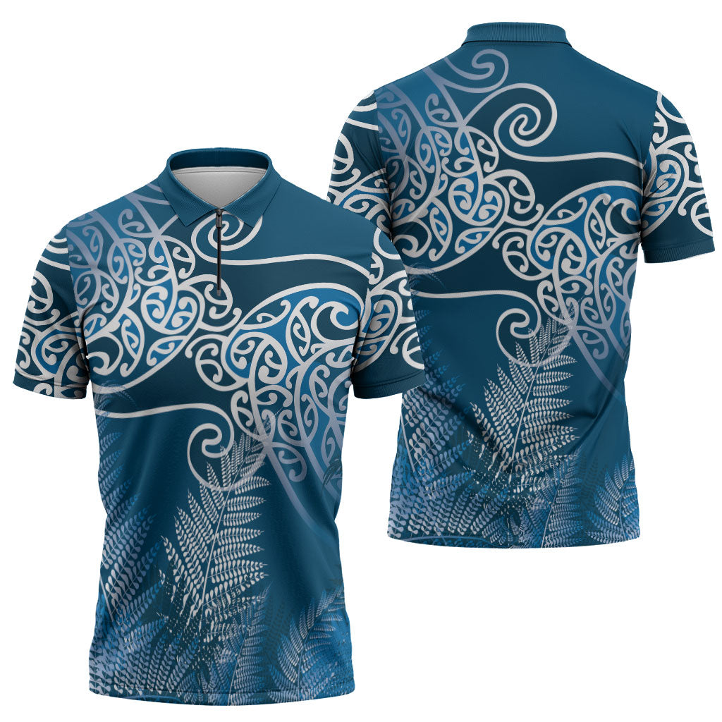 Aotearoa Maori Koru Curves Zipper Polo Shirt Silver Ferns - Navy Blue LT7 - Polynesian Pride