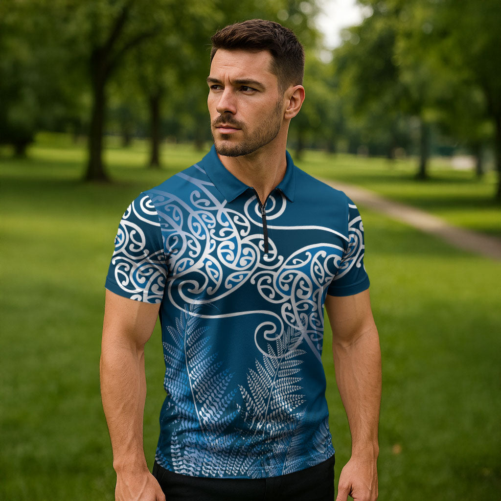 Aotearoa Maori Koru Curves Zipper Polo Shirt Silver Ferns - Navy Blue LT7 - Polynesian Pride