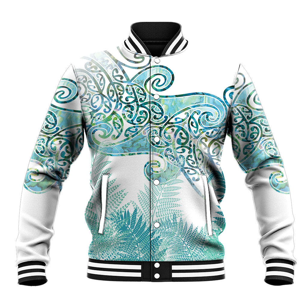 Aotearoa Maori Koru Curves Baseball Jacket Mossy Paua Shell LT7 Unisex Green - Polynesian Pride